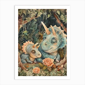 Triceratops And Baby Triceratops Sleeping Under The Tree Storybook Style Art Print