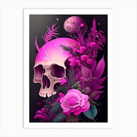 Skull With Cosmic Themes Purple Pink Botanical Art Print