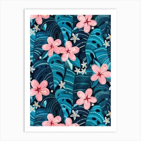 Midnight Tropical Floral In Cyan And Pink Art Print
