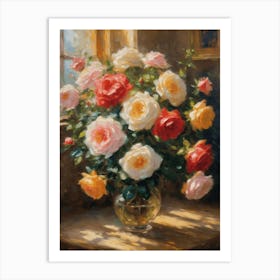 English Roses in Bloom | Antique Oil Painting | Vase of Flowers in Pink and Cream Art Print