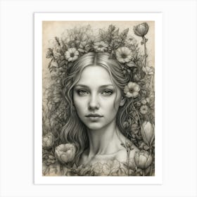 Girl With Flowers In Her Hair Art Print