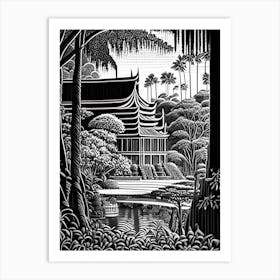 Suan Nong Nooch, 1, Thailand Linocut Black And White Vintage Art Print