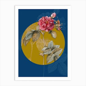 Vintage Botanical Pink Francfort Rose on Circle Yellow on Blue Art Print