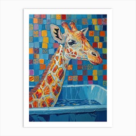 Giraffe In The Bath Warm Tones 2 Art Print