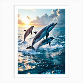 Group Of Dolphins Leaping Out Of Crystal Clear Water At Sunrise Art Print