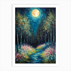 Full Moon Amongst Wildflowers Forest Path in the Mountains | Colorful Witchy Magical Print | Neutral Tones Country Art Pagan Scenery for Feature Wall Decor Meadow Painting in HD Art Print