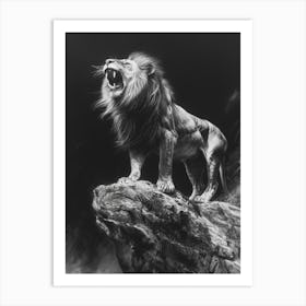 Barbary Lion Charcoal Drawing Roaring On A Cliff 4 Art Print