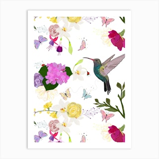 Hummingbird And Flowers Art Print