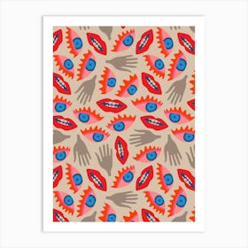 DISEMBODIED Surrealism Eyes Mouth Lips Hands in Retro Red Blush Blue Gray Art Print