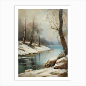 Ancient landscapes, old winter oil paintings and rocks around the lake bank. Snow is falling on the lake, old colors.2 2 Art Print