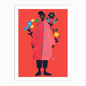 Girl In Pink Coat With Flowers Art Print