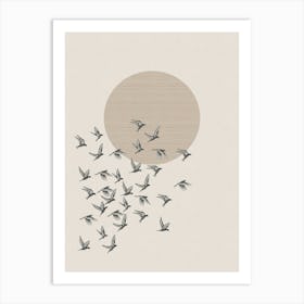 Neutral Bird Flock & Sun Art Print