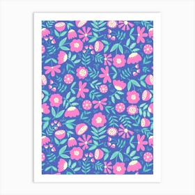 Cute Soft Scattered Scandi Florals Bright Blue, Pink, Mint Green Art Print