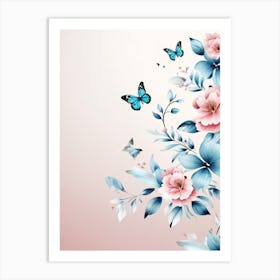 Butterfly And Flowers Wallpaper, A Butterfly Toned Design With Flowers And Leaves Trees And Birds A Beautiful And Simple Picture Wall art Art Print