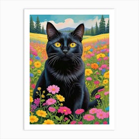 Quirky Cat In A Flower Field Art Print (4) Art Print