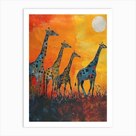 Warm Colourful Giraffes In The Sunny Landscape 3 Art Print