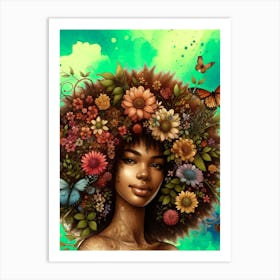 Afro, afro woman, thick, kinky, butterflies, flowers, melanated, Melanin, hair , African woman Art Print