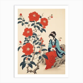 Tsubaki Camellia Vintage Japanese Botanical And Geisha Art Print