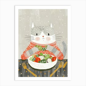 Grey Cat Eating Salad Folk Illustration 1 Art Print
