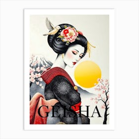 Geisha By Blossom Trees in Summer Art Print