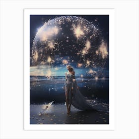 Woman on the beach surrounded by cosmic stardust 5 Art Print