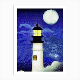 Lighthouse Moon Sea Clouds Full Moon Guiding Light Ocean Architecture Art Print