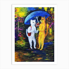 Cats Have Fun Cats On An Evening Date Under An Umbrella Art Print