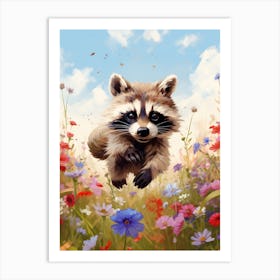 Cute Funny Tanezumi Raccoon Running On A Field Wild 3 Art Print