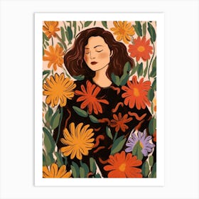 Woman With Autumnal Flowers Cineraria 1 Art Print