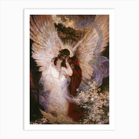 The Otherside 1918 by Dean Corwell, The Kiss With an Angel, Valentines Romance "The Other Side" (1918) is a poignant illustration by American artist Dean Cornwell (1892–1960), renowned for his mastery in narrative art. This piece was created for the October 1918 issue of Redbook magazine, accompanying a story by F. Britten Austin. The artwork features a beautiful woman in a loving embrace with an angelic figure. Considered one of the best in Romantic art, along with many others of the same era and genre of "The Kiss". The angelic symbolism and ethereal qualities are enhanced by the woman's delicate features and the soft, glowing light that envelops her evokes a sense of spiritual transcendence, blending the themes of love, loss, and the hope of eternal connection. This painting reflects the early 20th-century fascination with spiritualism and the belief in an existence beyond death. "The Other Side" original oil painting is housed at the National Museum of American Illustration in Newport, Rhode Island. Art Print