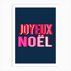 Joyeux Noel Pink and Red on Dark Blue Art Print