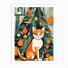 Cubist Cat and Christmas Tree Art Print