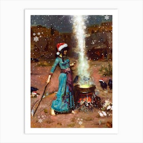 The Magic Christmas Circle - Witch in a Santa Hat Casting a Spell in the Snow - John Wiliam Waterhouse Art Print