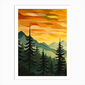 Green Sun Forest Mountain Painting Triptych 1 Art Print