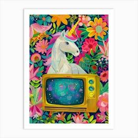 Unicorn Watching Tv Floral Fauvism Painting 3 Art Print