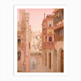 Valencia Spain 1 Vintage Pink Travel Illustration Art Print