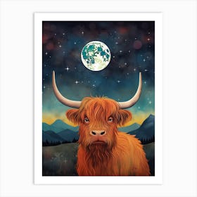 Highland Cow In Moonlight Textured Illustration 2 Art Print