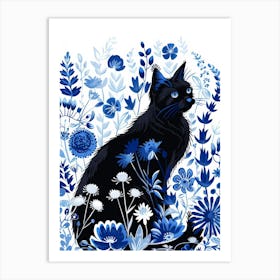 Black Cat In Blue Flowers 4 Art Print