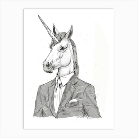 Unicorn In A Suit & Tie Black And White Doodle 1 Art Print