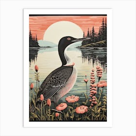 Vintage Bird Linocut Common Loon 2 Art Print