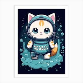 Kawaii Cat Drawings Scuba Diving 3 Art Print