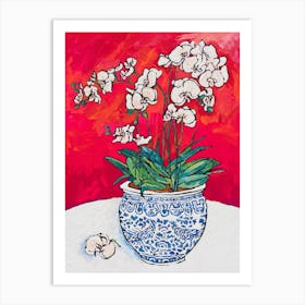 White Orchid In Chinoiserie Pot Art Print