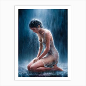 Woman Kneeling Sad In The Rain Art Print