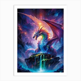 An Iridescent Dragon Resting On The Peak Of A Mythical Mountain Scales Of The Creature Sparkling Un Art Print