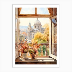 Window View Of Sofia Bulgaria In Autumn Fall, Watercolour 2 Art Print