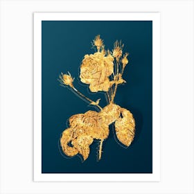 Vintage Cabbage Rose Botanical in Gold on Teal Blue n.0326 Art Print