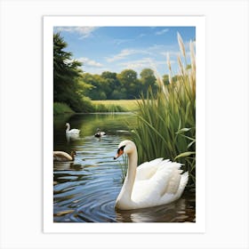 Closeup Of A White Swan On A Tranquil Duck Pond Amidst A Scenic River Bank Feather Details In The F (1) Art Print