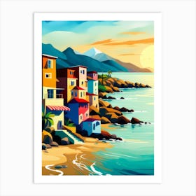 Bold Island Houses On Beachfront Rocks Piled Sunset Summer Inlet Bay Art Print