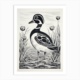 B&W Bird Linocut Wood Duck 2 Art Print