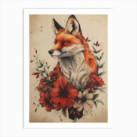 Amazing Red Fox With Flowers 21 Art Print